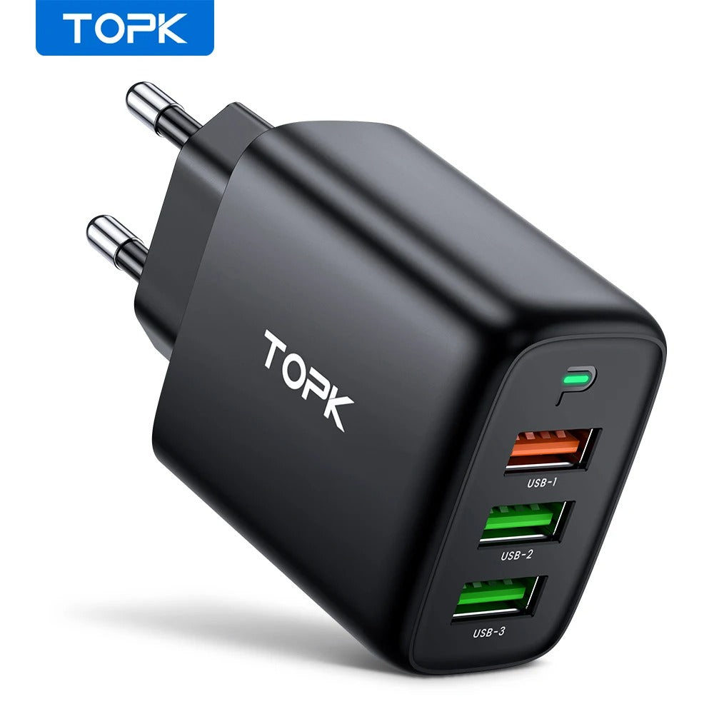Carregador de Parede Turbo TOPK com 3 portas USB 30W - 5 anos de garantia